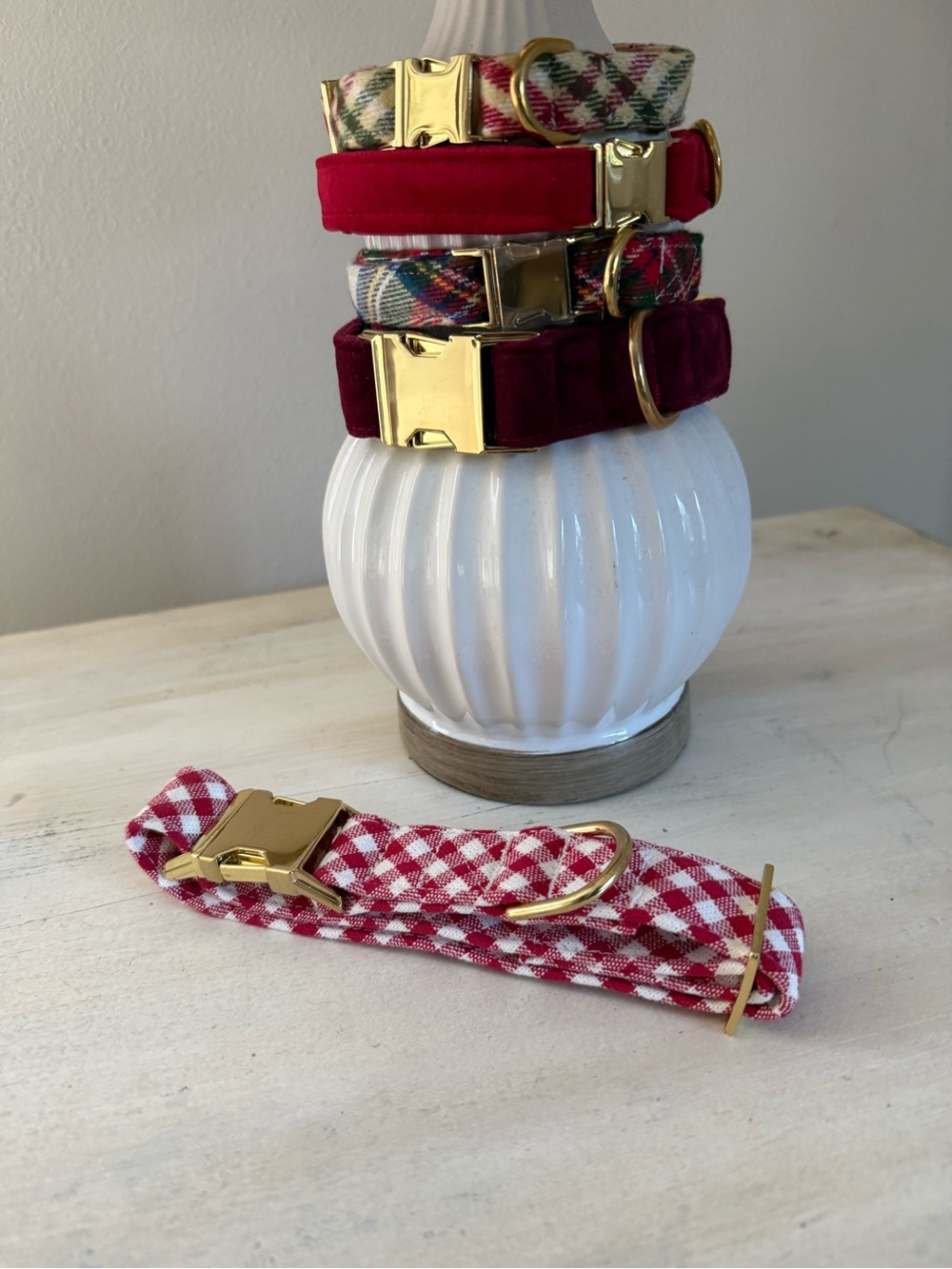 The Foggy Dog Red Ginham Dog Collar with Gold Hardware